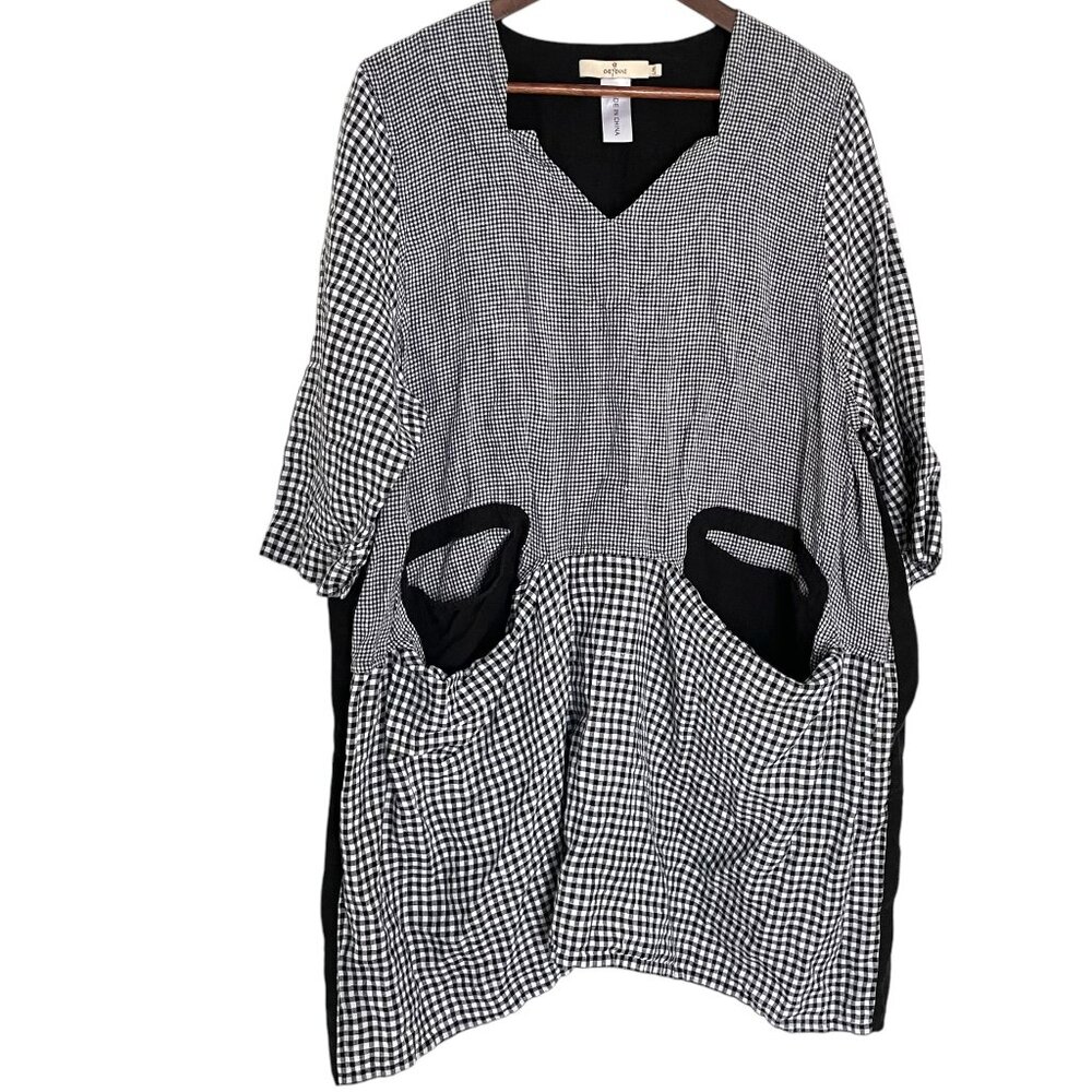 Cheyenne Plaid Mix Tunic Top L/XL Large XL Black White Gingham Linen Lagenlook